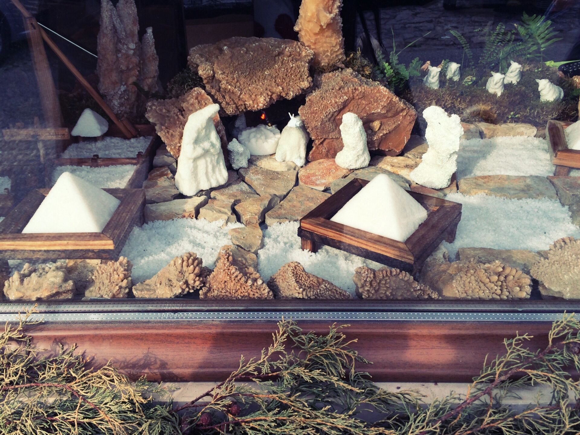 Nativity scene made of salt, featuring salt pyramids