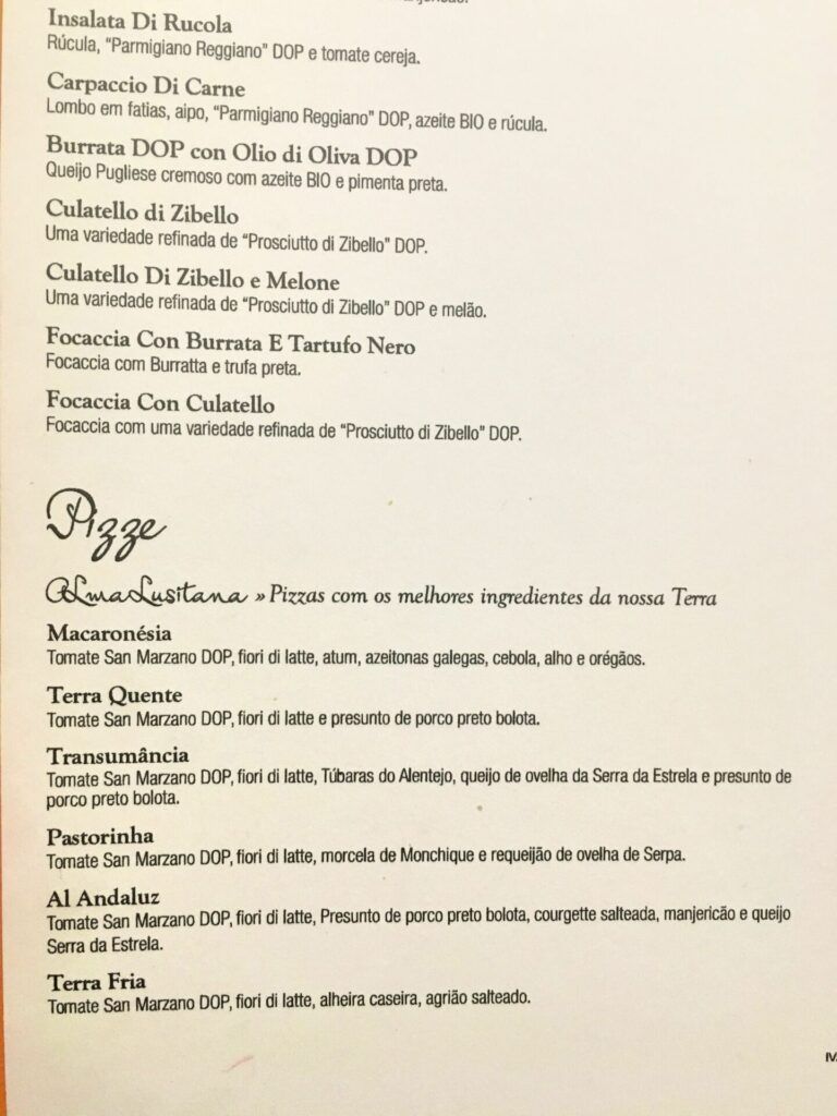 Forno D'Oro Portuguese pizza menu